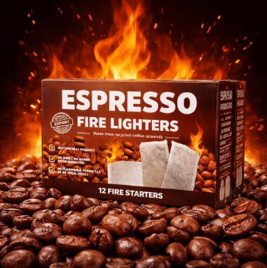 Espresso fire lighters box placed on coffee beans with flames in the background, eco-friendly fire starters made from recycled coffee grounds. Distributed by Cape Town Firewood.